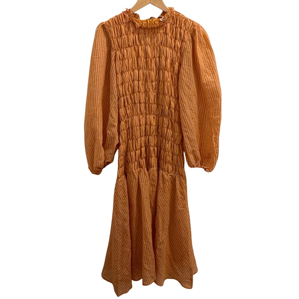 Just Me Orange Striped Smocked Midi Dress Long Balloon Sleeve‎ Mock Neck Large